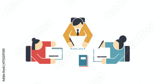 Business Meeting Illustration: Three People Around Table.