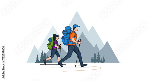 Two Hikers with Backpacks Trekking Through Mountain Landscape.