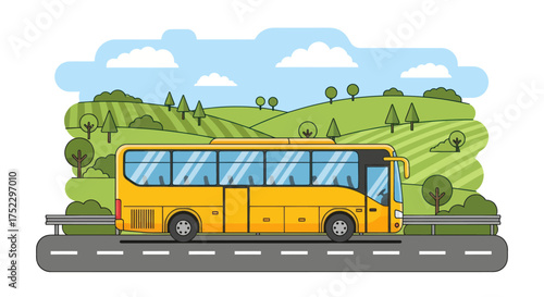 Yellow Passenger Bus Driving on Road with Scenic Landscape.