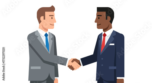 Two businessmen in suits shaking hands representing a deal or agreement.
