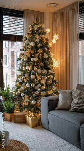 Cozy Living Room With a Beautifully Decorated Christmas Tree and Warm Lights ...
