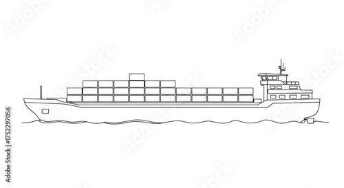 Detailed Line Drawing of a Cargo Ship Laden with Containers.