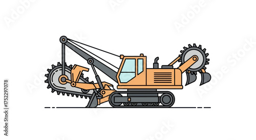 Side view of a yellow bucket-wheel excavator a heavy industrial construction and mining vehicle illustration.