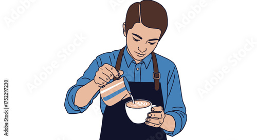Barista skillfully pouring steamed milk into a coffee cup for latte art.