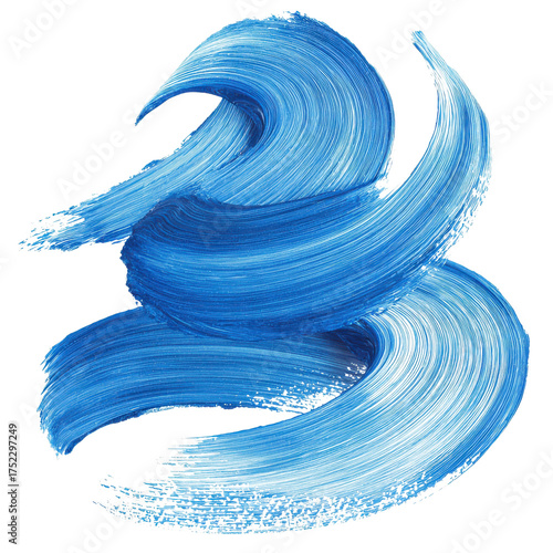 Close up of swirling brushstrokes of various shades of blue paint on a transparent isolated background