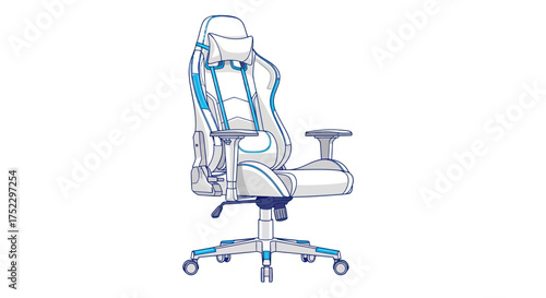 Modern White and Blue Ergonomic Gaming Chair Illustration with Adjustable Features.