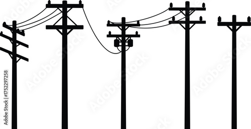 Silhouette utility poles, electrical transformers, crossarms with insulators, power lines, electricity distribution, urban infrastructure, energy grid, industrial design, black background illustration