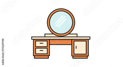Cartoon Illustration of a Wooden Vanity with Round Mirror.