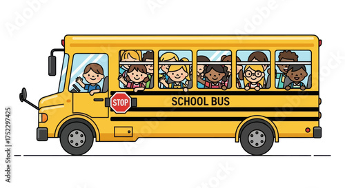 Cartoon Yellow School Bus with Children Passengers.