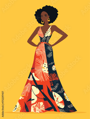 flat vector of African woman modeling long flowy Ankara dress