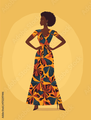 flat vector of African woman modeling long flowy Ankara dress