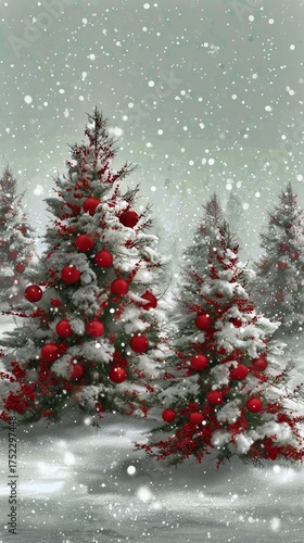 Beautiful Snowy Scene With Christmas Trees Adorned in Red Ornaments During a ...