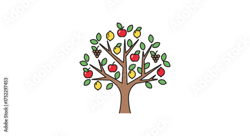 Stylized illustration of a fruit tree laden with apples pears and grapes.