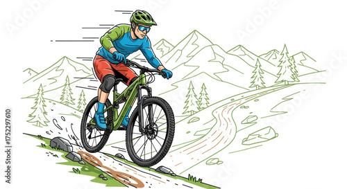 Mountain biker riding downhill on a winding trail with a scenic mountain backdrop.