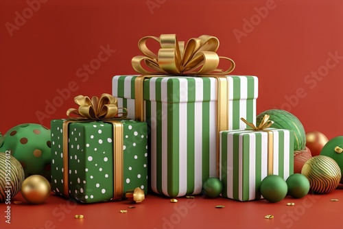 Colorful Holiday Gifts With Ribbons and Ornaments on a Festive Red Background