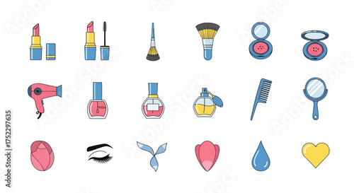Collection of colorful cosmetic and beauty product illustrations.