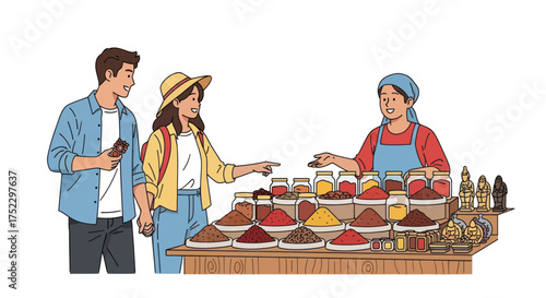 Customers buying colorful spices from a market vendor at a vibrant stall.