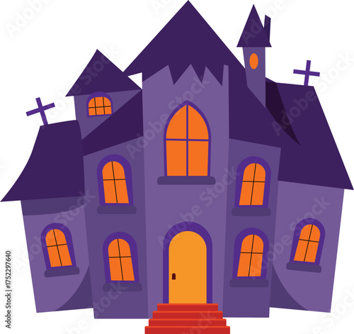 Haunted house and glowing windows at night.