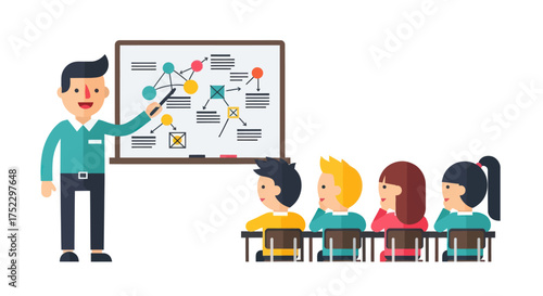 Cartoon Teacher Presenting Data to Students in a Classroom Setting.