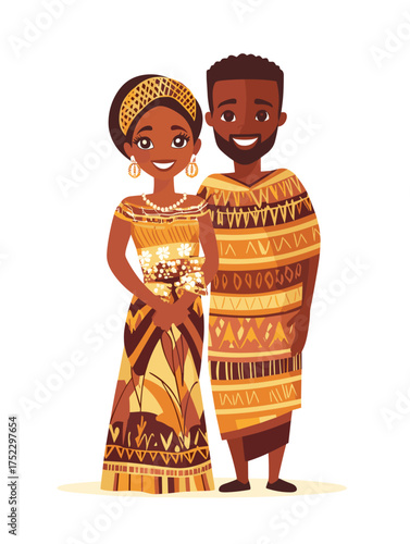 flat vector wedding couple in Ghanaian kente cloth outfits