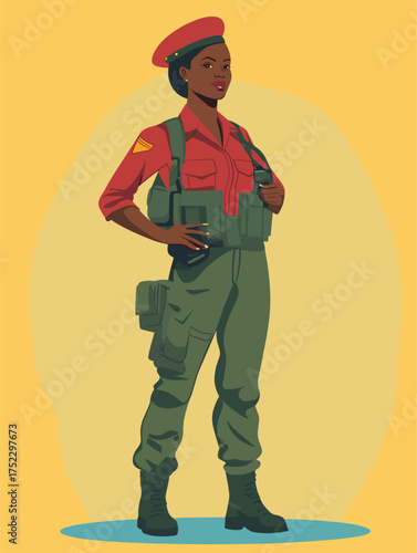 flat vector illustration of African army woman in beret and field uniform giving orders, powerful stance with communication device