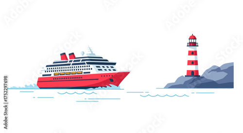 Red and white cruise ship sailing past a striped lighthouse on rocky island.