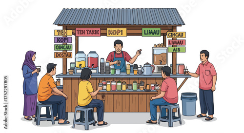 Bustling street food stall with customers ordering drinks and snacks.