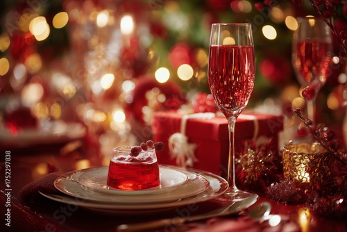 Festive Table Setting With Red Drinks and Holiday Decorations for Celebration