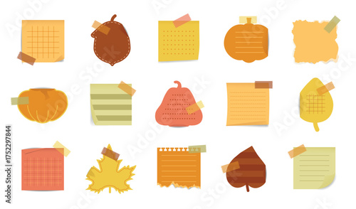 A set of fall post it notes with washi tape,. Cute autumn sticky notes, pumpkin and leaf shapes. Autumn stickers. Torn paper, sticky papers