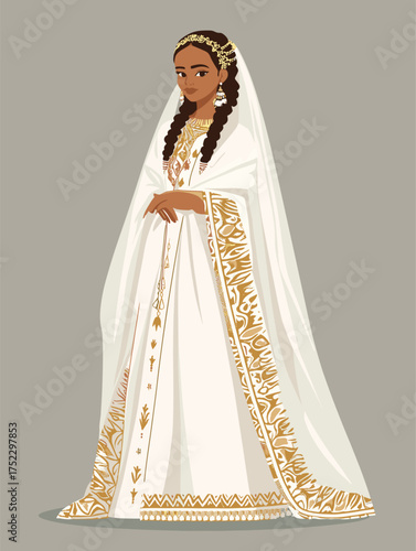 flat vector illustration of Ethiopian bride in traditional white habesha kemis dress with gold embroidery, braided hair with netela wrap