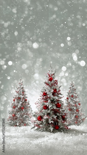 Snowy Scene With Decorated Christmas Trees and Sparkling Lights in a Winter L...