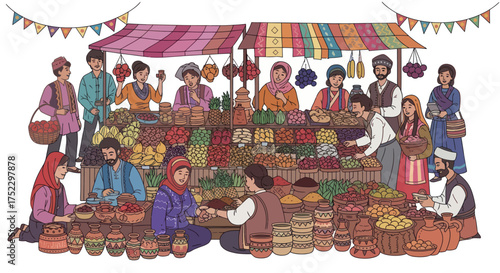 Vibrant Market Scene with Vendors and Colorful Goods.