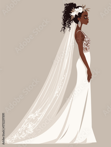 flat vector of African bride in ivory mermaid gown with tribal-inspired veil, twist-out hair with floral crown