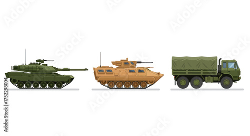 Three distinct military vehicles: a green tank a tan armored vehicle and a green cargo truck.
