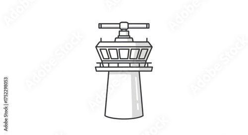 Airport Control Tower Illustration with Detailed Windows and Top Antenna.