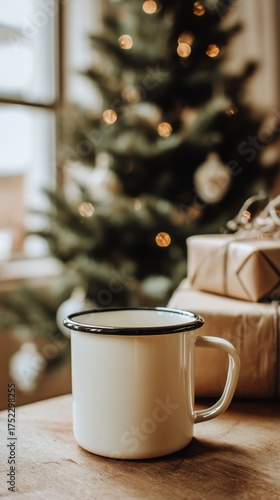 Cozy White Mug in Front of Christmas Tree With Warm Lights and Gift Boxes