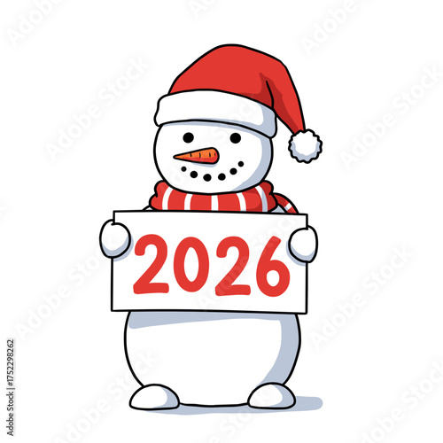 Cartoon snowman holding a sign with the year 2026 for Christmas  