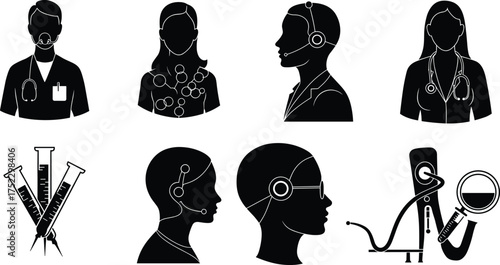 Black and white silhouette illustration of healthcare professionals, telemedicine, stethoscope, syringes, digital health, medical support, telehealth technology, diagnostics