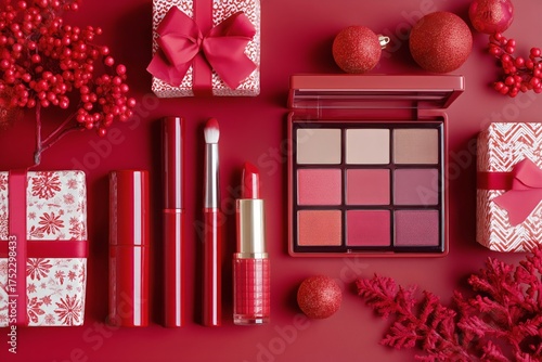 Colorful Makeup Collection and Gift Boxes on a Red Background for Holiday Cel...