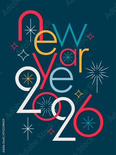 Happy New Year 2026 concept poster in abstract geometric retro style	