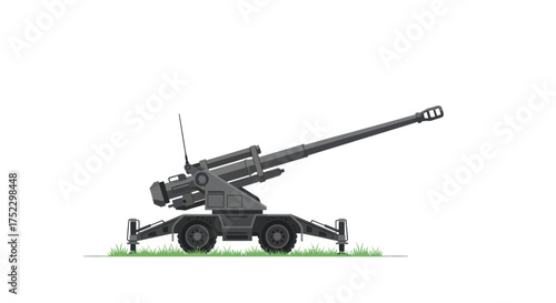 Modern Military Artillery Cannon with Long Barrel and Wheels.