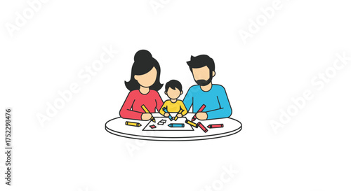Happy illustrated family drawing and coloring together at a table showing creativity and bonding.