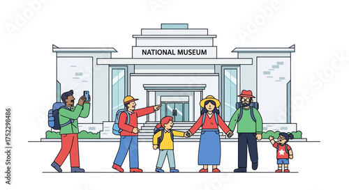 Diverse Group of Tourists and Family Visiting National Museum.