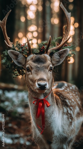 Deer Wearing a Festive Wreath and Ribbon in a Forest During Winter Sunset