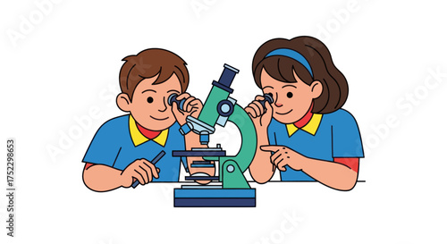 Two young students looking through a microscope together engaged in scientific discovery.