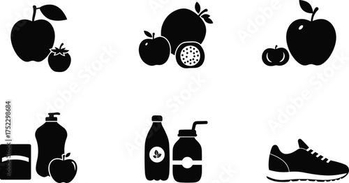 Black silhouette illustration of healthy lifestyle icons, fruits, vegetables, juice bottles, water, sneaker, nutrition, fitness, wellness, exercise, diet