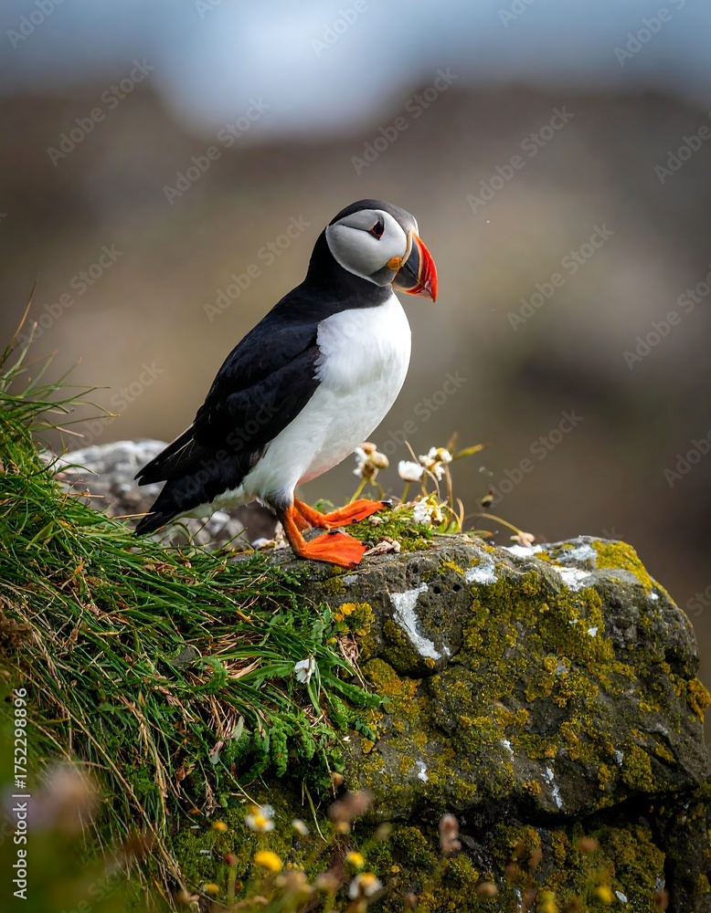 Fototapeta premium A vibrant Atlantic puffin perches on a rocky outcropping, facing right