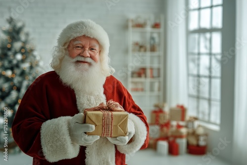 Jolly Santa Claus Holding a Wrapped Gift in a Cozy Holiday Setting