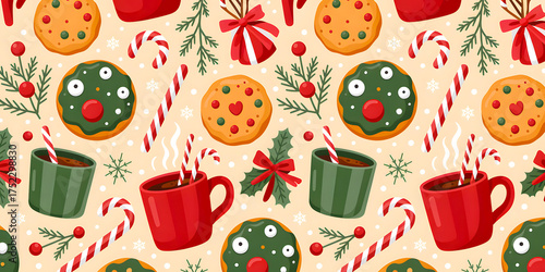 Cartoon Christmas Pattern with Cookies, Hot Chocolate, and Ornaments in Red and Green Seamless Holiday Illustration