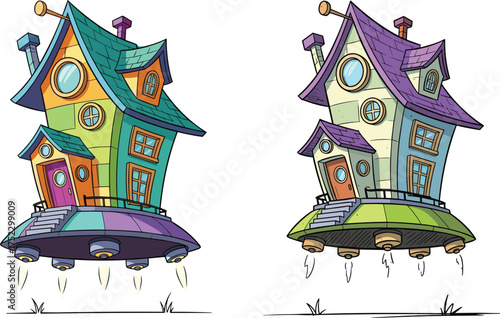 Flying cartoon houses with thrusters, whimsical architecture concept, colorful sci-fi illustration, fantasy home design, imaginative airborne building scene